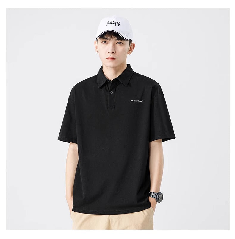 Senma Japanese Style Black Polo Shirt – Summer Loose Short Sleeves