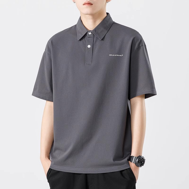 Senma Japanese Style Black Polo Shirt – Summer Loose Short Sleeves