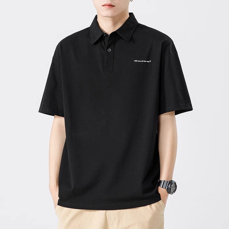 Senma Japanese Style Black Polo Shirt – Summer Loose Short Sleeves