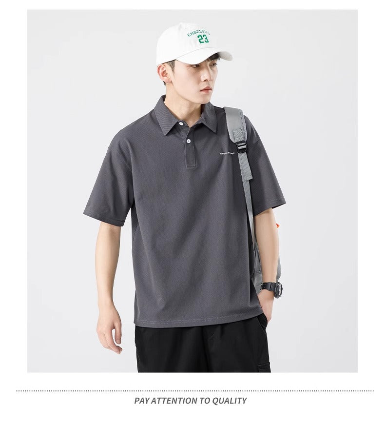 Senma Japanese Style Black Polo Shirt – Summer Loose Short Sleeves