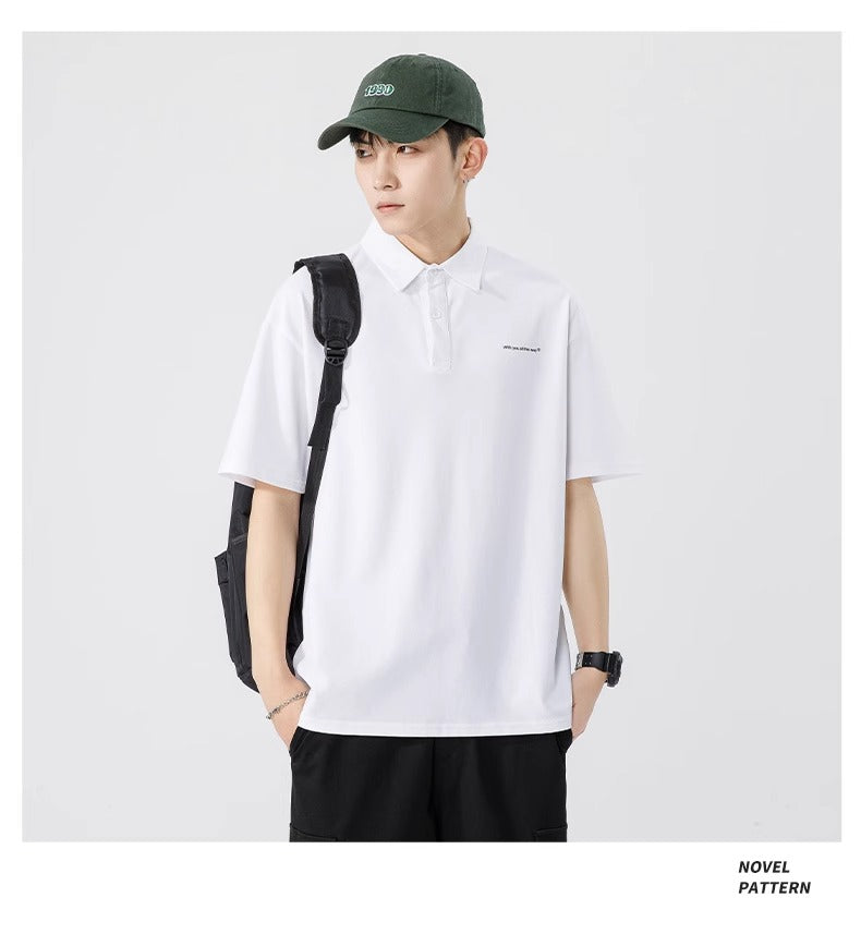 Senma Japanese Style Black Polo Shirt – Summer Loose Short Sleeves