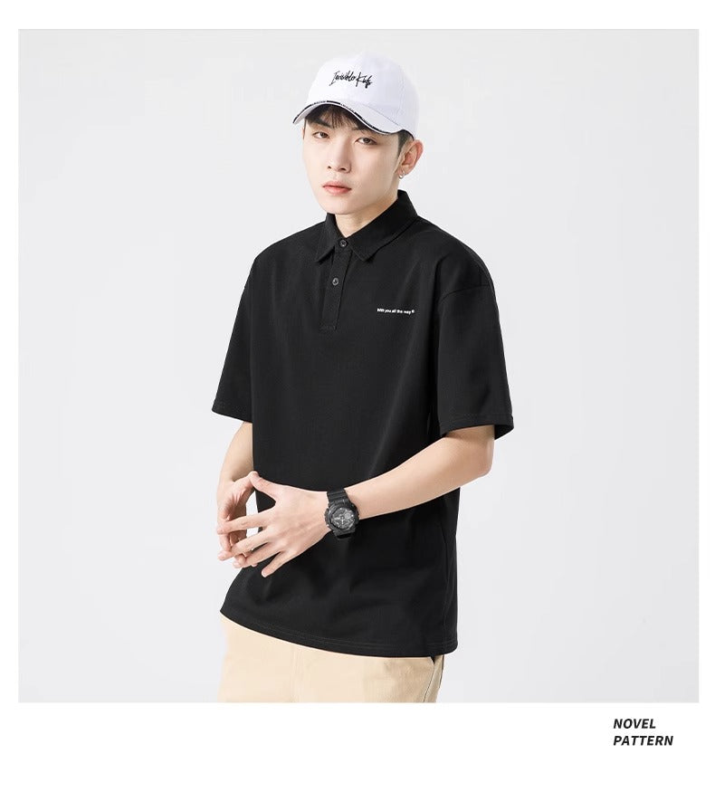 Senma Japanese Style Black Polo Shirt – Summer Loose Short Sleeves