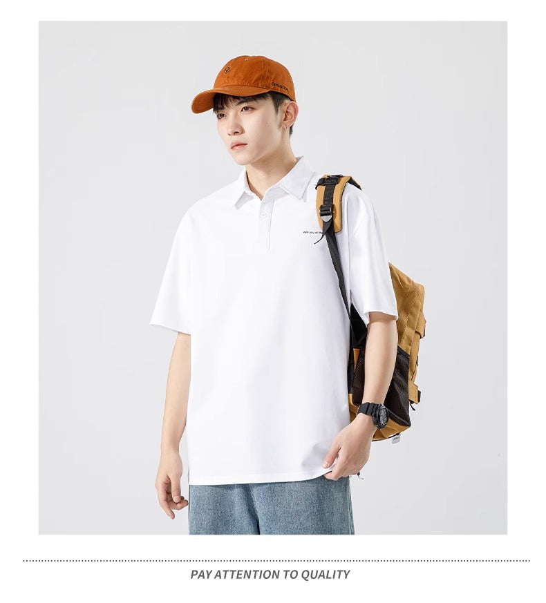 Senma Japanese Style Black Polo Shirt – Summer Loose Short Sleeves