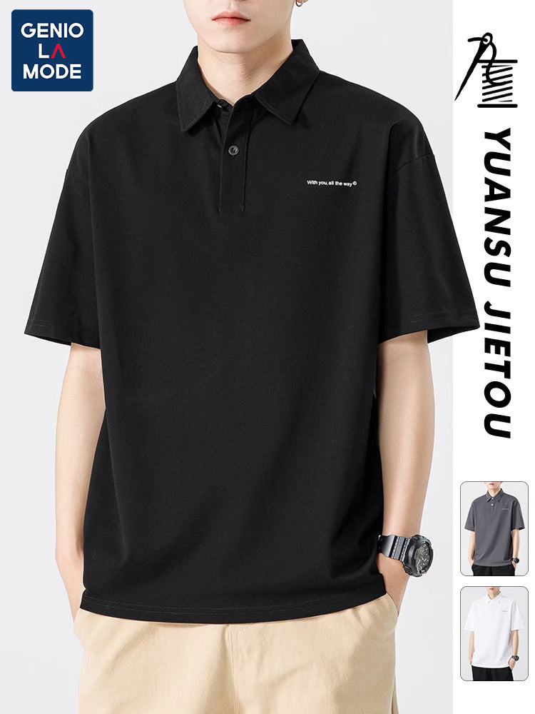 Senma Japanese Style Black Polo Shirt – Summer Loose Short Sleeves