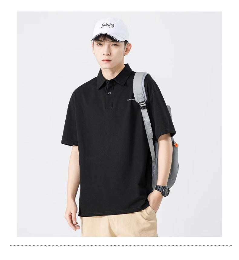 Senma Japanese Style Black Polo Shirt – Summer Loose Short Sleeves