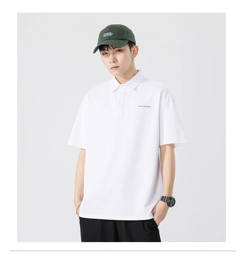 Senma Japanese Style Black Polo Shirt – Summer Loose Short Sleeves