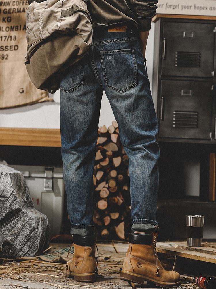 Retro Fleece-Lined Denim Trousers