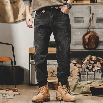 Retro Fleece-Lined Denim Trousers