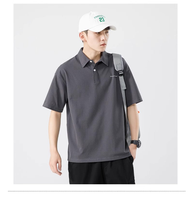 Senma Japanese Style Black Polo Shirt – Summer Loose Short Sleeves