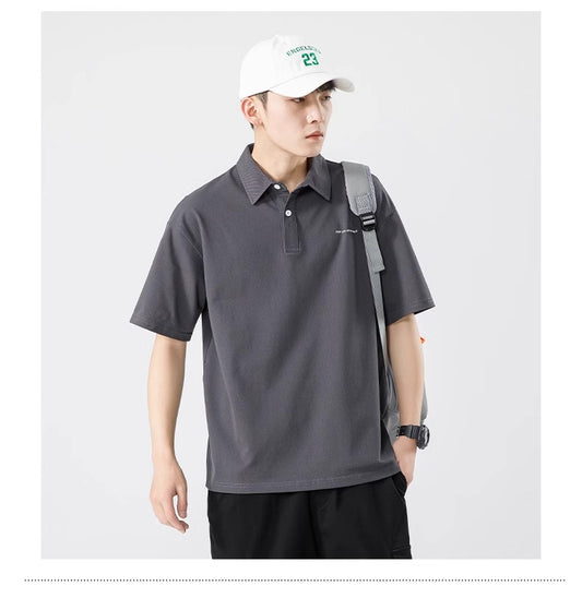 Senma Japanese Style Black Polo Shirt – Summer Loose Short Sleeves