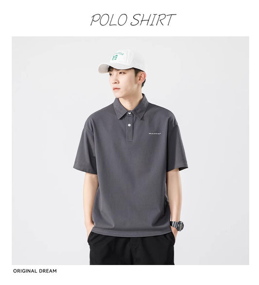 Senma Japanese Style Black Polo Shirt – Summer Loose Short Sleeves