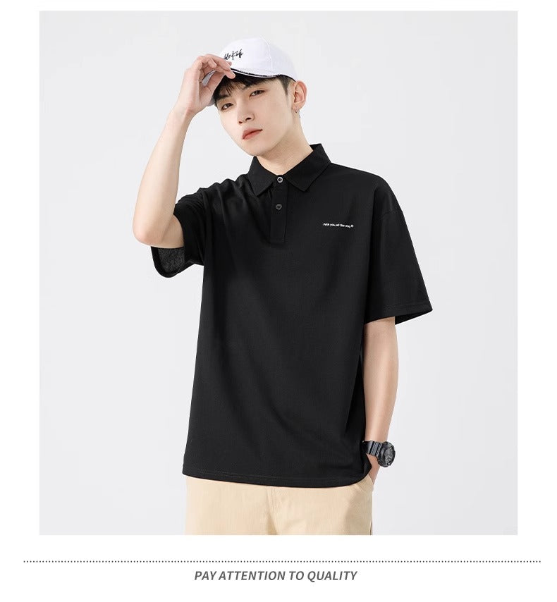 Senma Japanese Style Black Polo Shirt – Summer Loose Short Sleeves