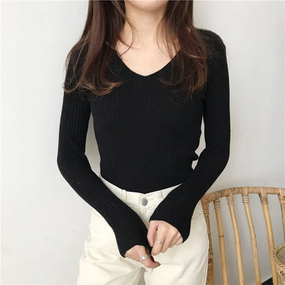 Korean Autumn V-Neck Knitted Sweater