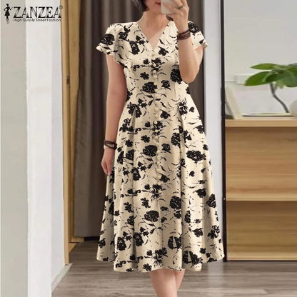 ZANZEA Floral Print V-Neck Midi Dress