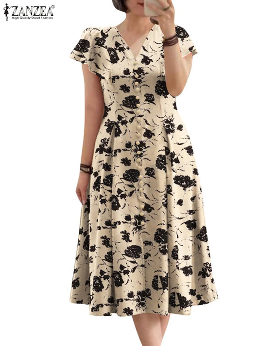 ZANZEA Floral Print V-Neck Midi Dress