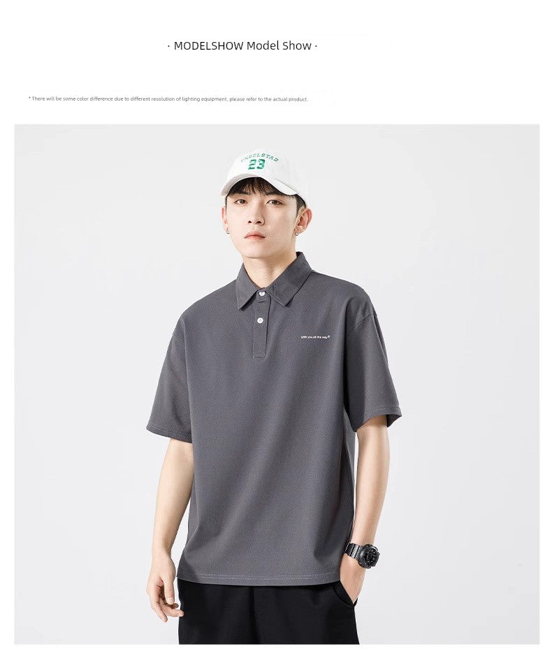 Senma Japanese Style Black Polo Shirt – Summer Loose Short Sleeves