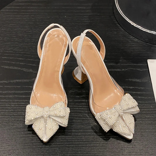Elegant White Pearl Bowknot PVC Transparent High Heel Pumps for Women