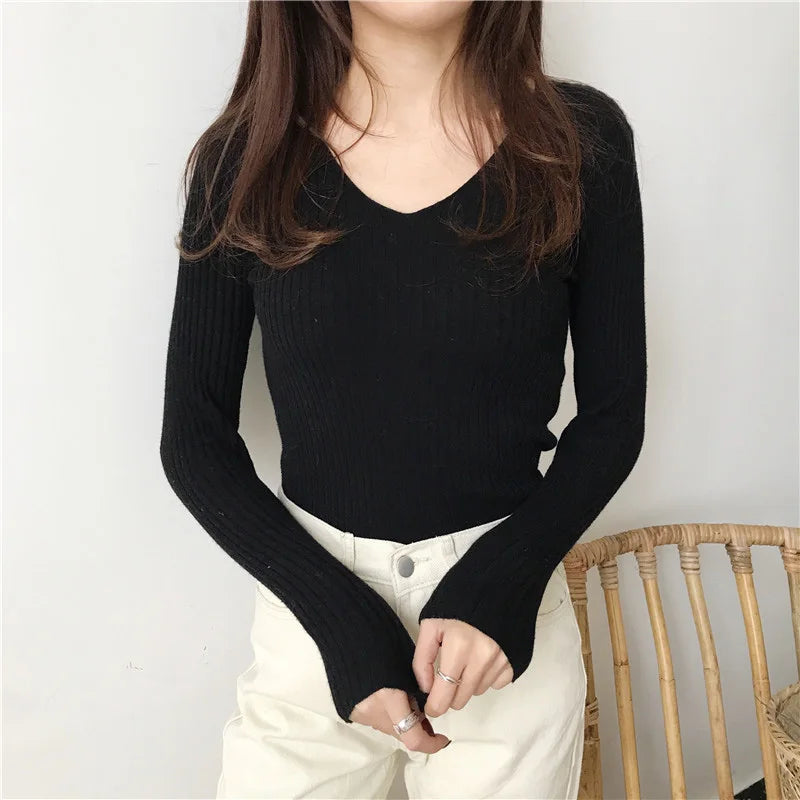 Korean Autumn V-Neck Knitted Sweater