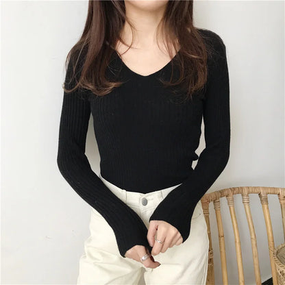 Korean Autumn V-Neck Knitted Sweater