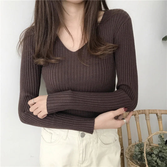 Korean Autumn V-Neck Knitted Sweater