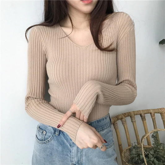 Korean Autumn V-Neck Knitted Sweater