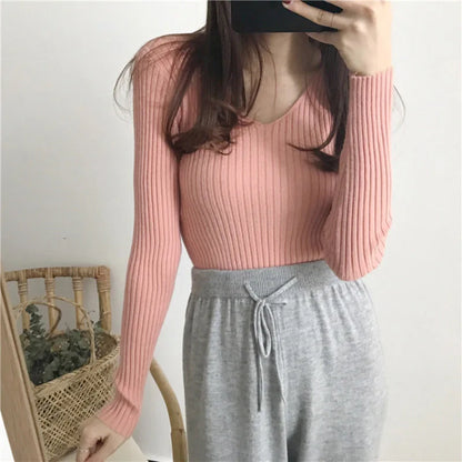Korean Autumn V-Neck Knitted Sweater