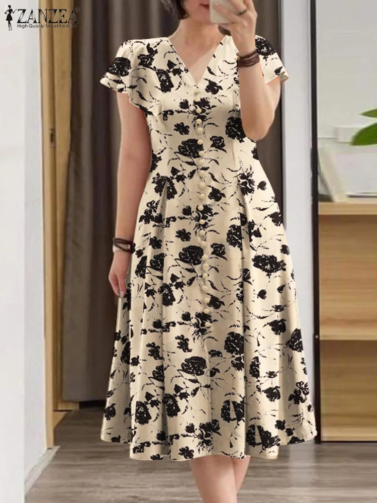 ZANZEA Floral Print V-Neck Midi Dress