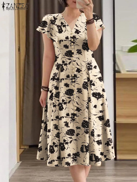 ZANZEA Floral Print V-Neck Midi Dress