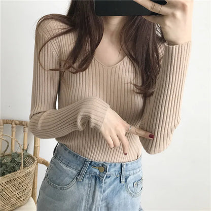 Korean Autumn V-Neck Knitted Sweater