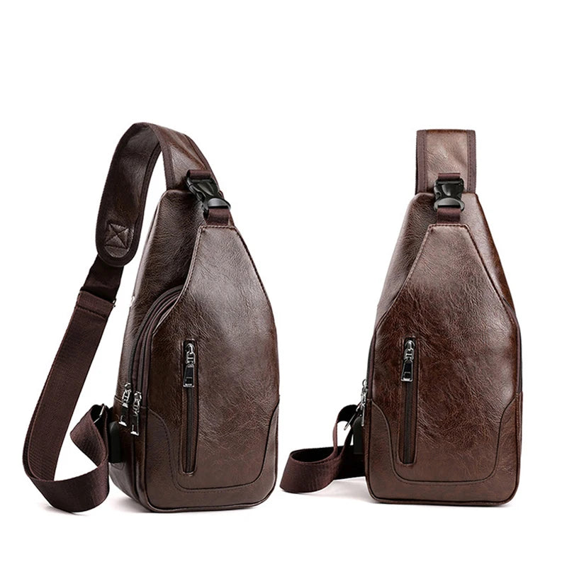 Men's USB Leather Crossbody Chest Bag