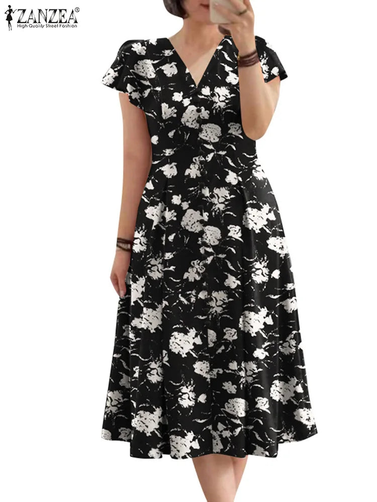 ZANZEA Floral Print V-Neck Midi Dress