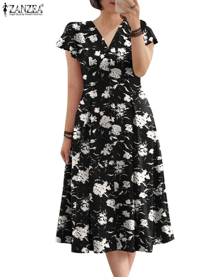 ZANZEA Floral Print V-Neck Midi Dress