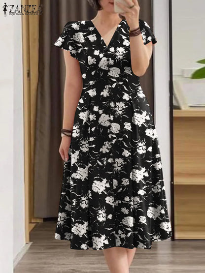 ZANZEA Floral Print V-Neck Midi Dress