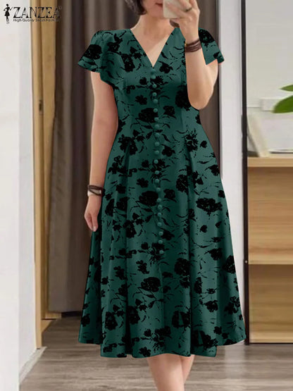 ZANZEA Floral Print V-Neck Midi Dress
