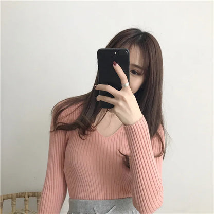 Korean Autumn V-Neck Knitted Sweater