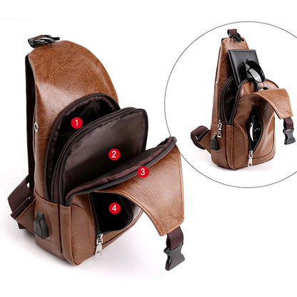 Men's USB Leather Crossbody Chest Bag