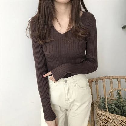 Korean Autumn V-Neck Knitted Sweater