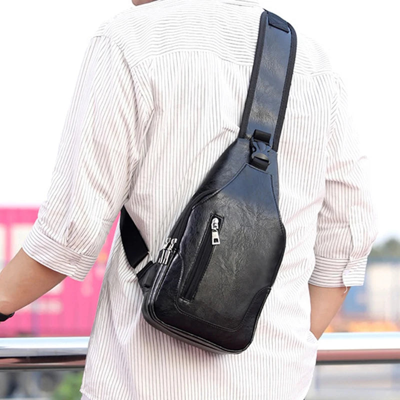 Men's USB Leather Crossbody Chest Bag