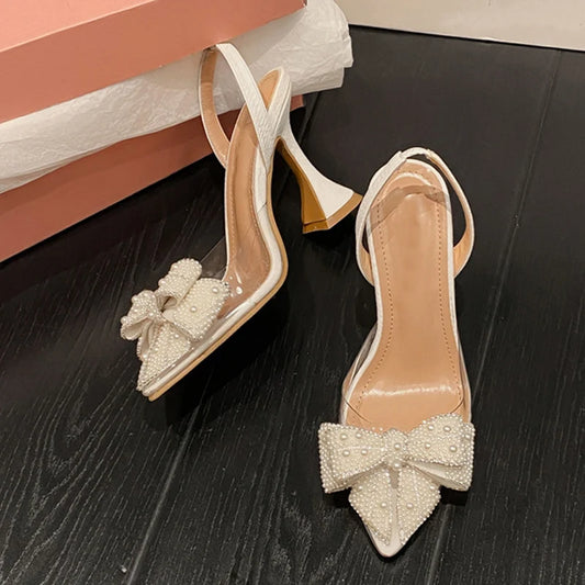 Elegant White Pearl Bowknot PVC Transparent High Heel Pumps for Women