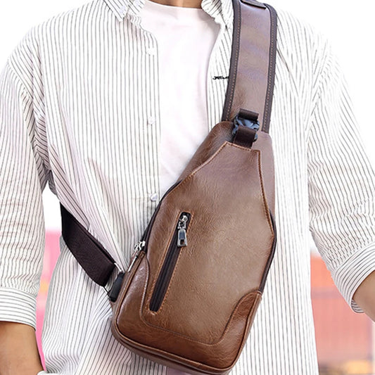 Men's USB Leather Crossbody Chest Bag