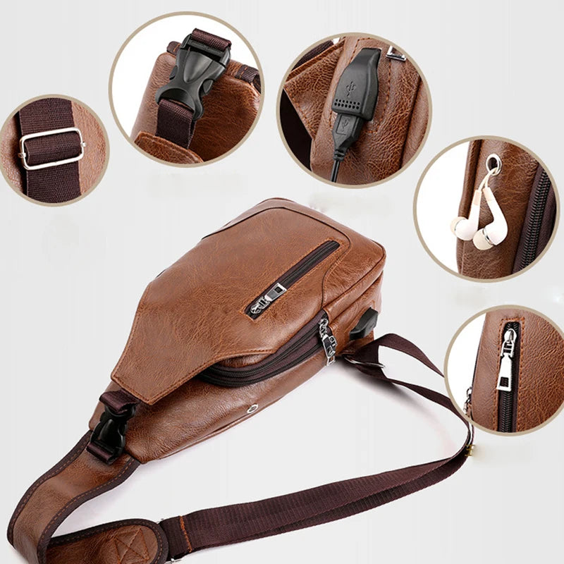 Men's USB Leather Crossbody Chest Bag