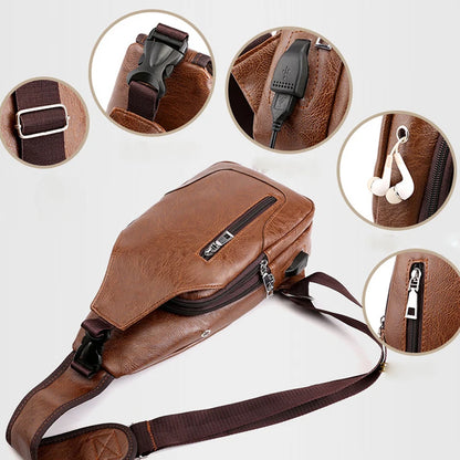 Men's USB Leather Crossbody Chest Bag