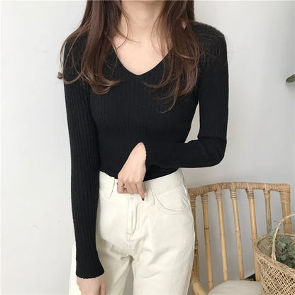 Korean Autumn V-Neck Knitted Sweater
