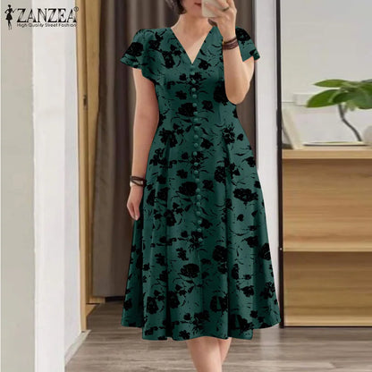 ZANZEA Floral Print V-Neck Midi Dress
