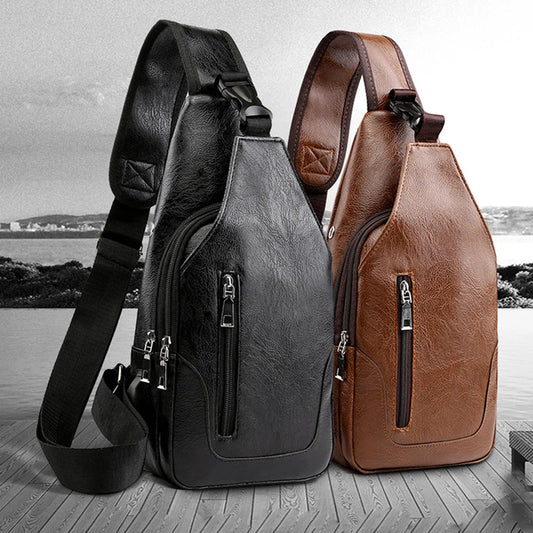Men's USB Leather Crossbody Chest Bag