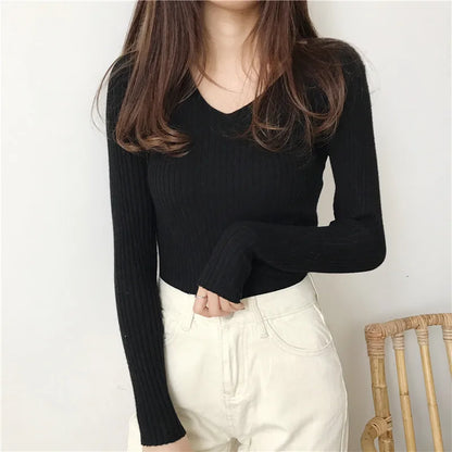 Korean Autumn V-Neck Knitted Sweater