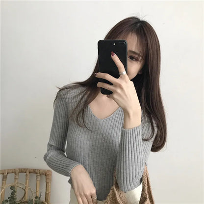 Korean Autumn V-Neck Knitted Sweater