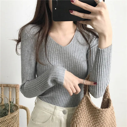 Korean Autumn V-Neck Knitted Sweater