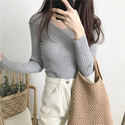 Korean Autumn V-Neck Knitted Sweater