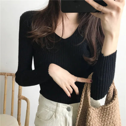 Korean Autumn V-Neck Knitted Sweater
